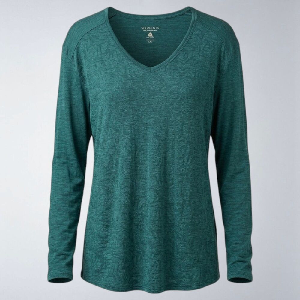 SEGMENTS Blue Green Teal Floral Merino Wool V-Neck Long Sleeve Shirt Top - XXL